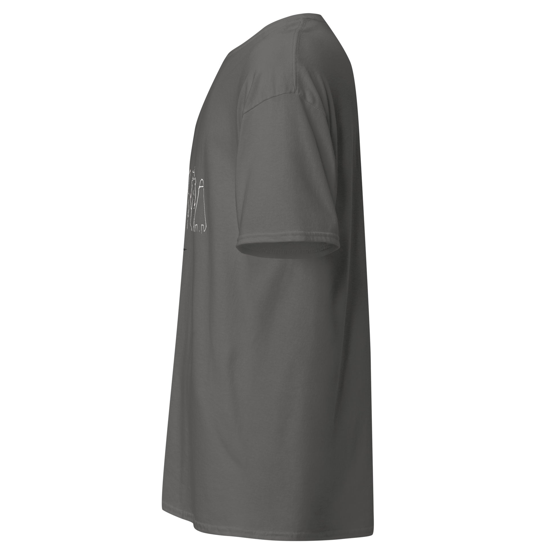 Left side view of the charcoal Nine Sols Under the Golden Sol character tee with partial front design visible along the side