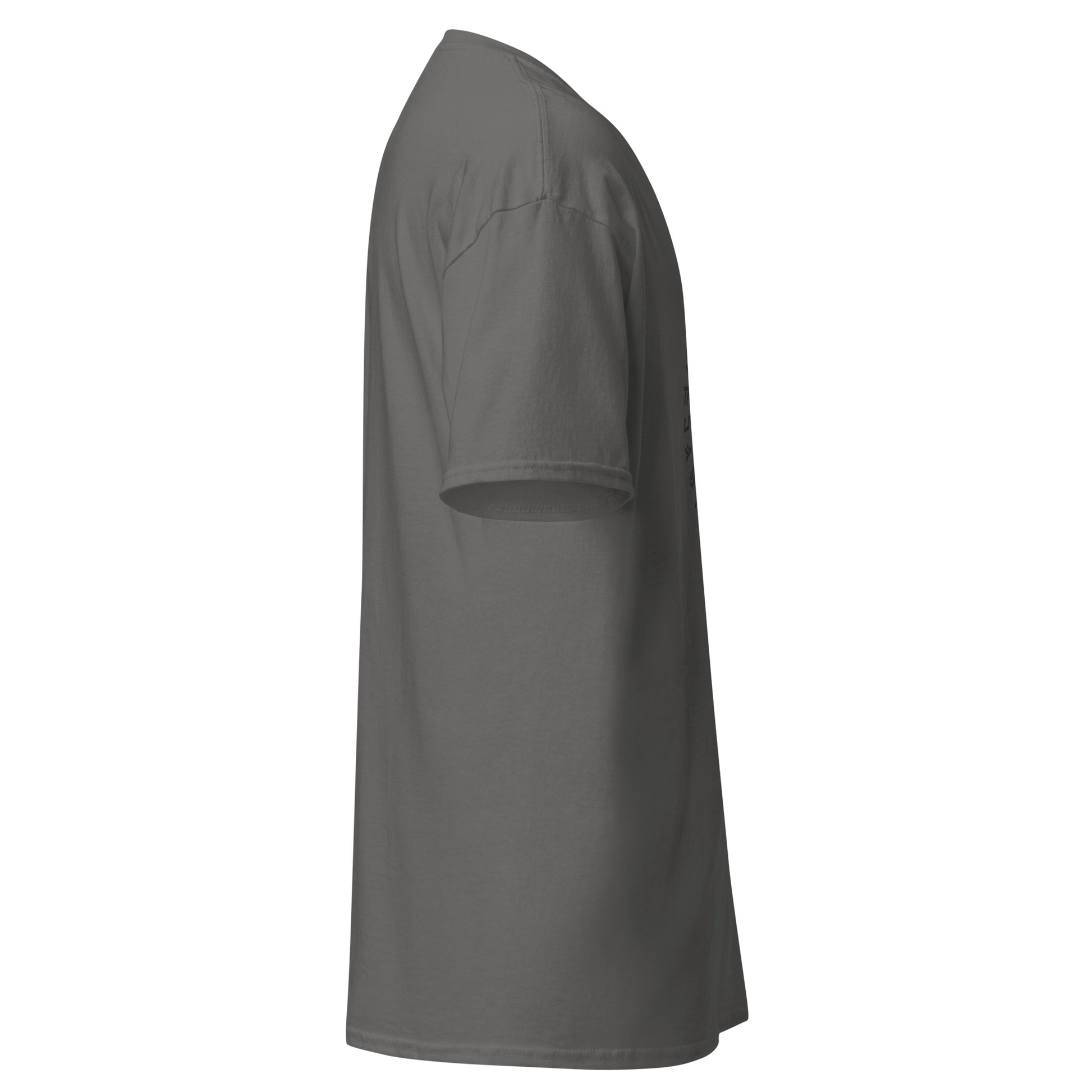 Right side view of the Charcoal Oblivion Guilds Shirt – Faction Crest Design showing side profile and sleeve shape