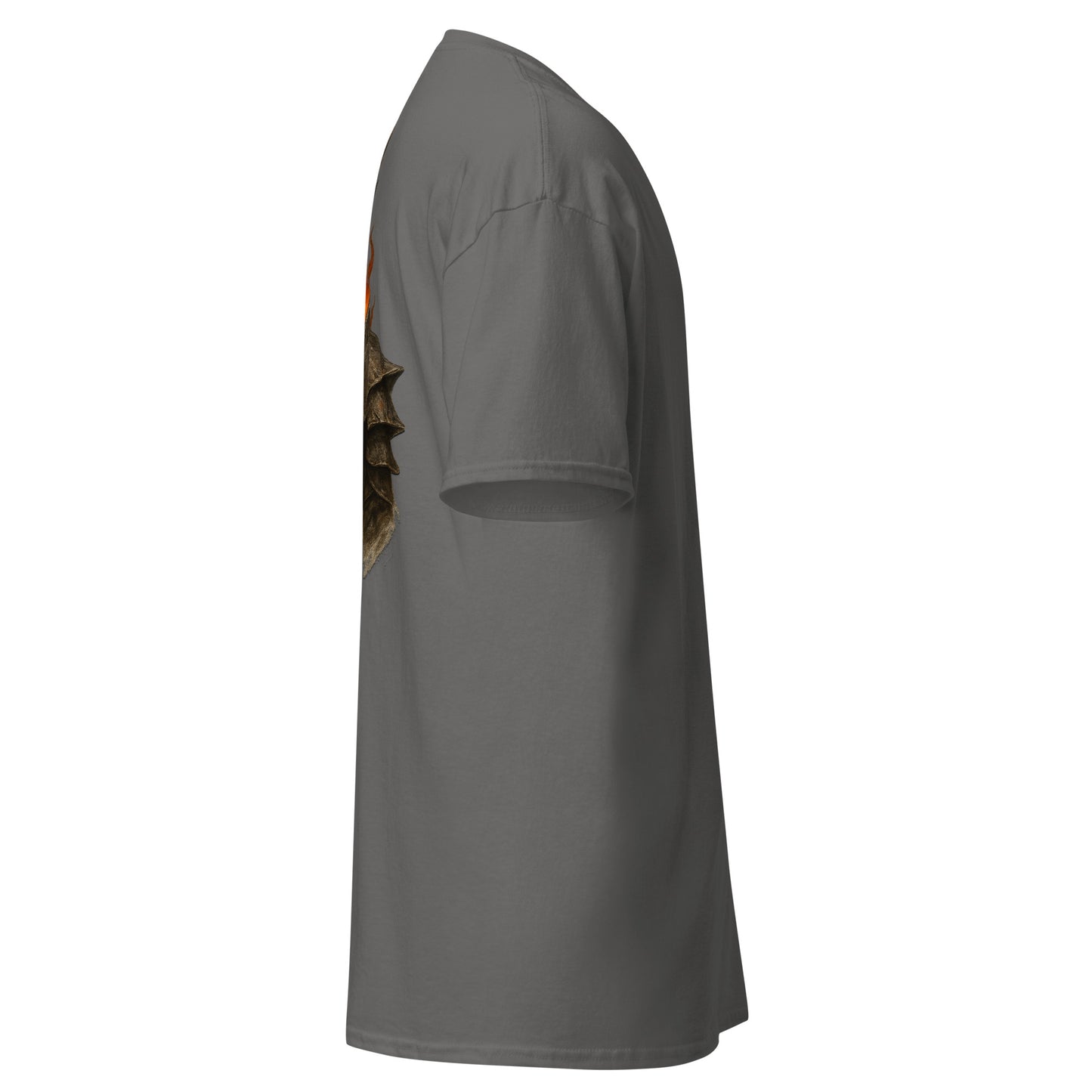 Right side view of the Charcoal Oblivion Imperial City Shirt – White Gold Tower Design showing side profile and sleeve shape