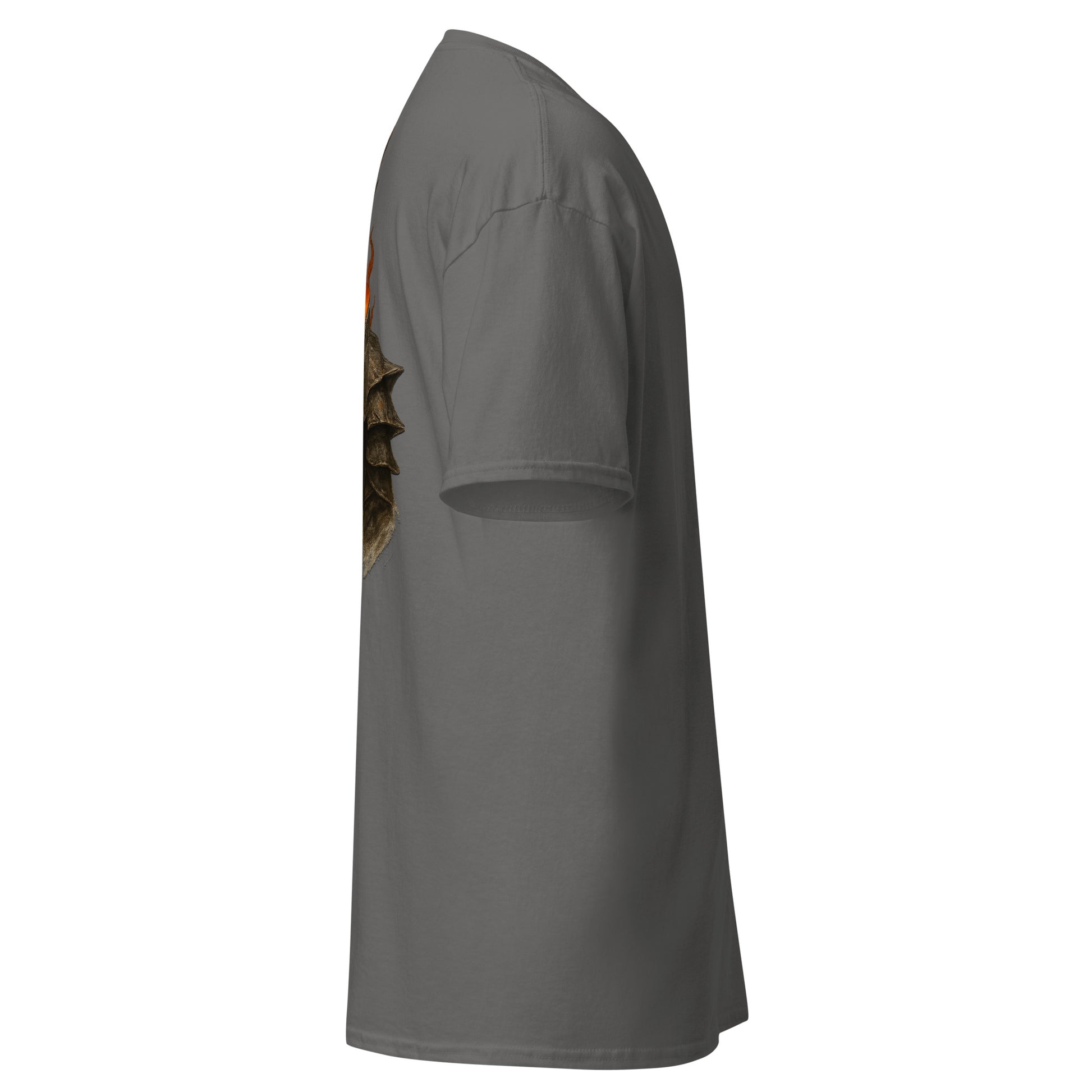 Right side view of the Charcoal Oblivion Imperial City Shirt – White Gold Tower Design showing side profile and sleeve shape