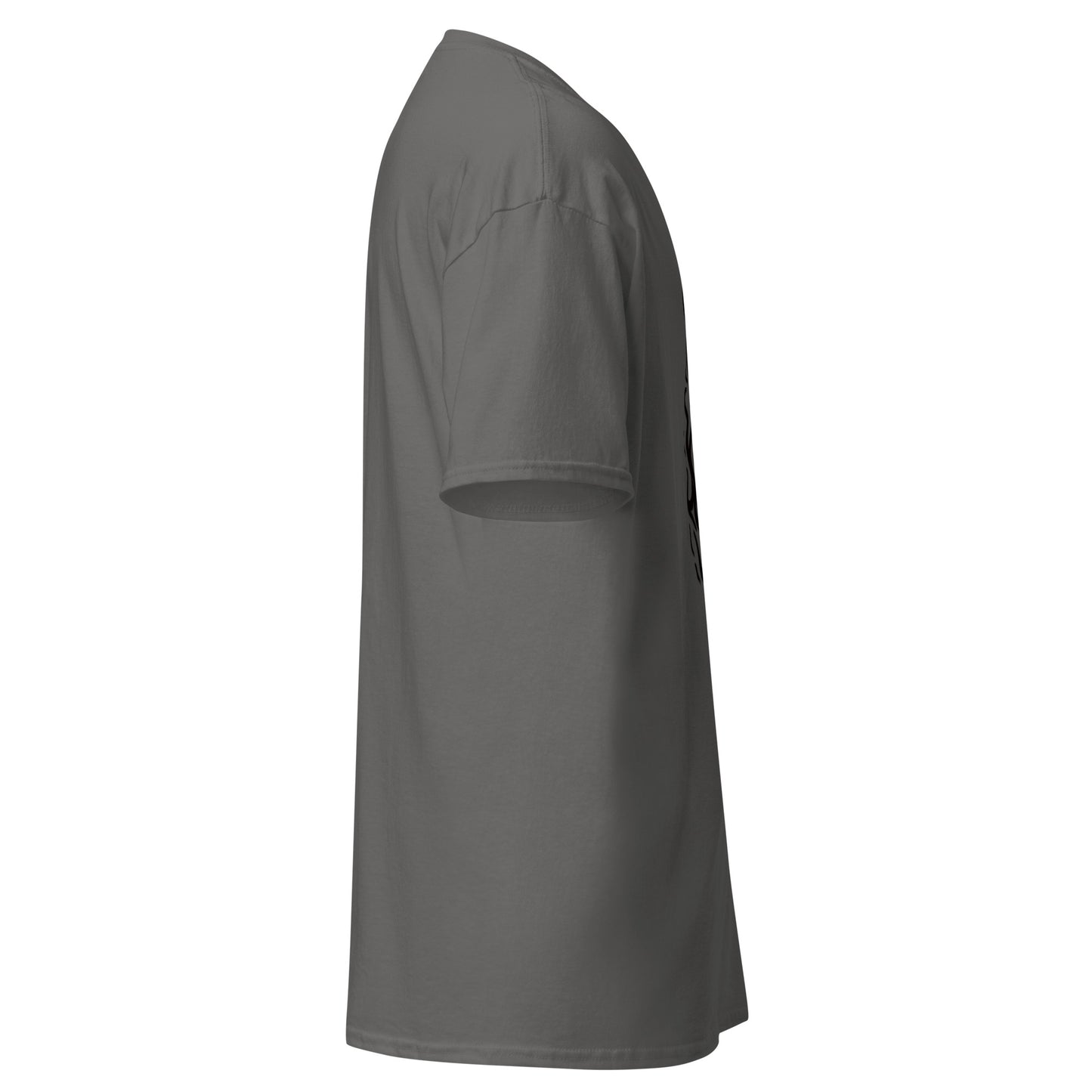 side view of Gray Silksong Hornet Dark Flame graphic t-shirt inspired by Hollow Knight Silksong.