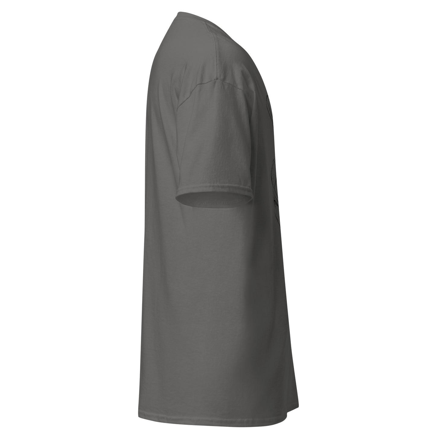 Right side view of the charcoal Nine Sols Orbiting Focus Taopunk Motion graphic tee showing sleeve shape and straight silhouette