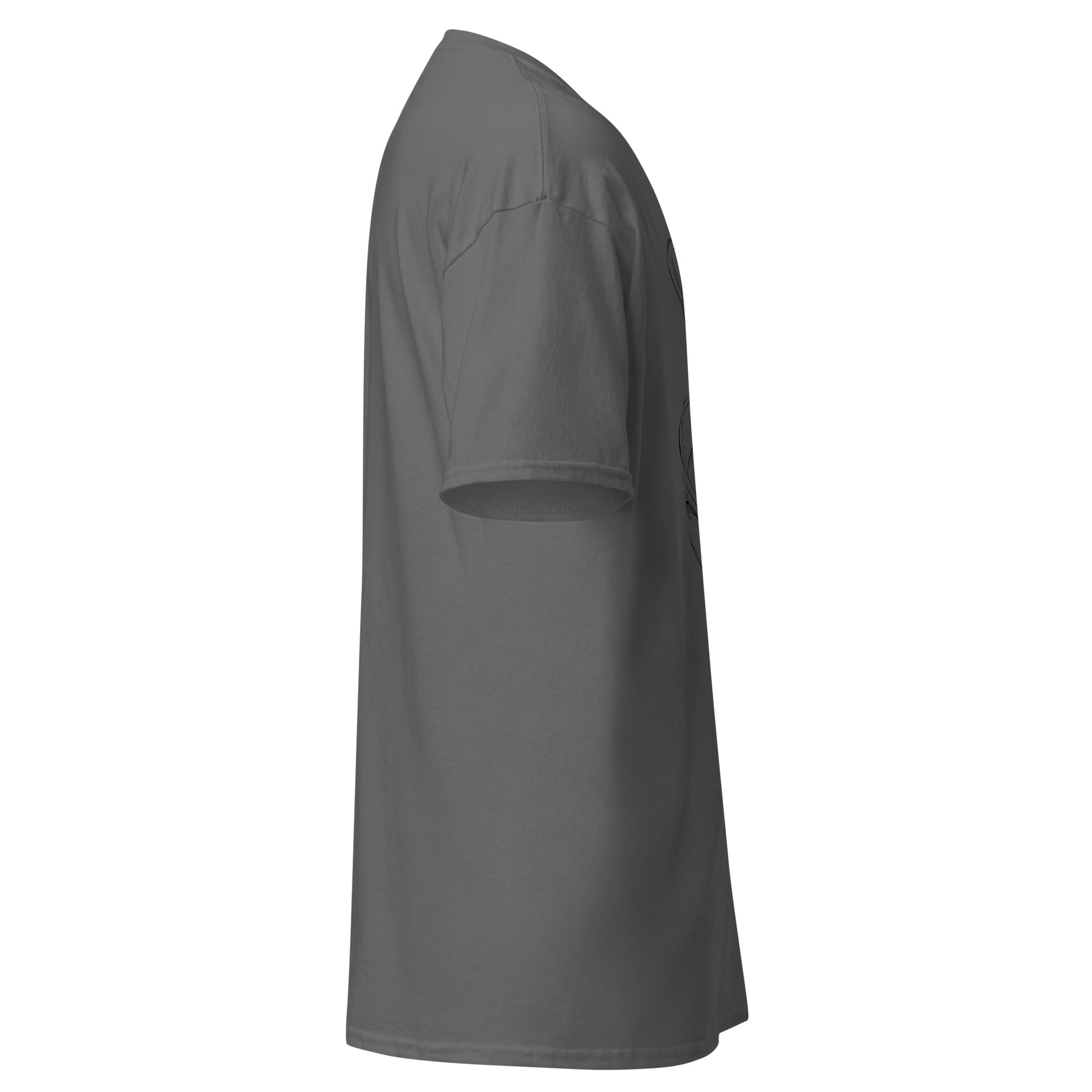 Right side view of the charcoal Nine Sols Orbiting Focus Taopunk Motion graphic tee showing sleeve shape and straight silhouette