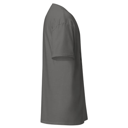 Right side view of the charcoal Nine Sols Orbiting Focus Taopunk Motion graphic tee showing sleeve shape and straight silhouette