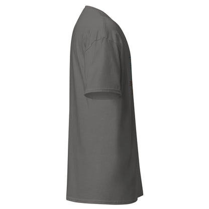 Right side view of the charcoal Nine Sols Taopunk Tee Shrine of Silent Presence showing sleeve shape and straight silhouette