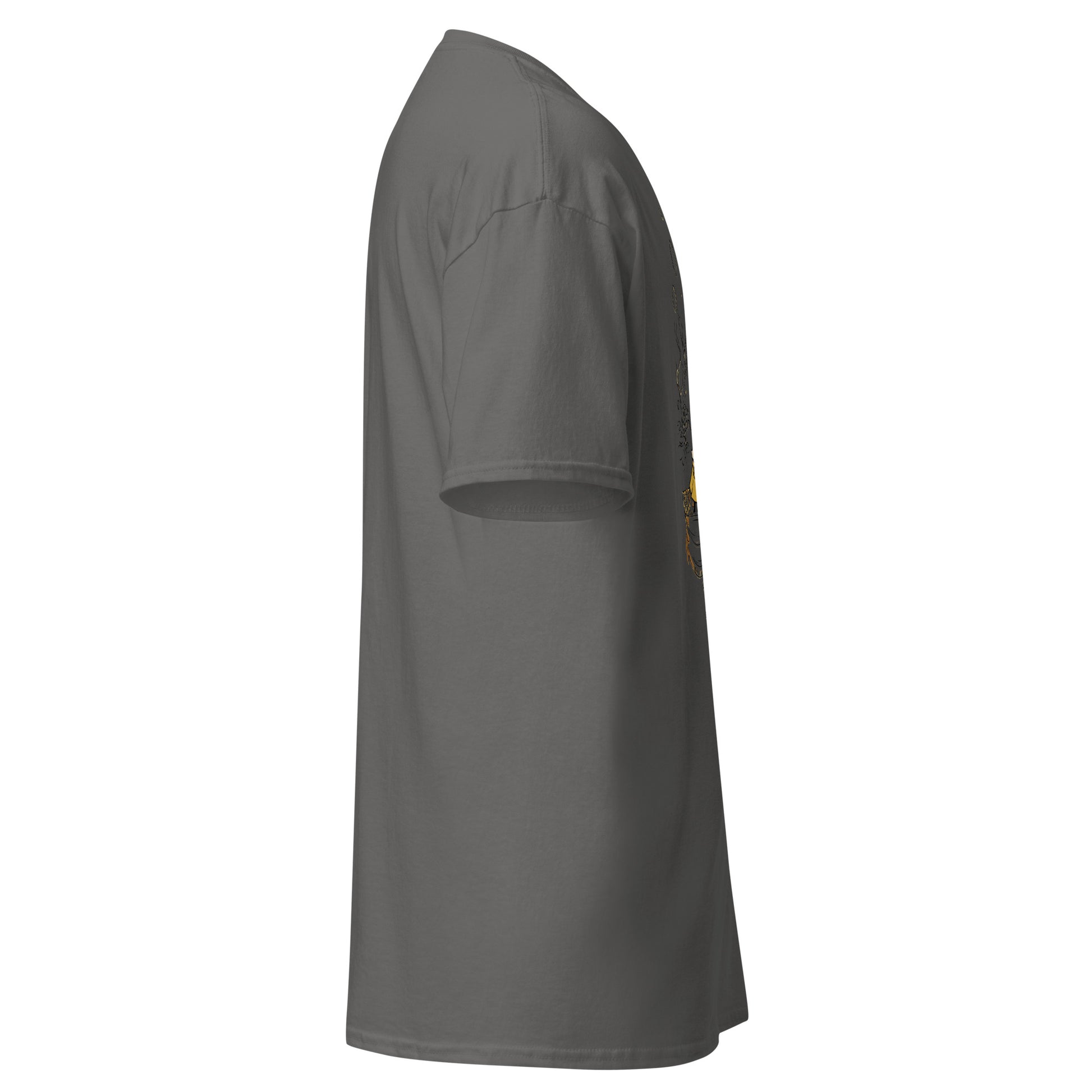 Right side view of the charcoal Nine Sols Butterfly Tee Golden Echo showing sleeve shape and straight silhouette