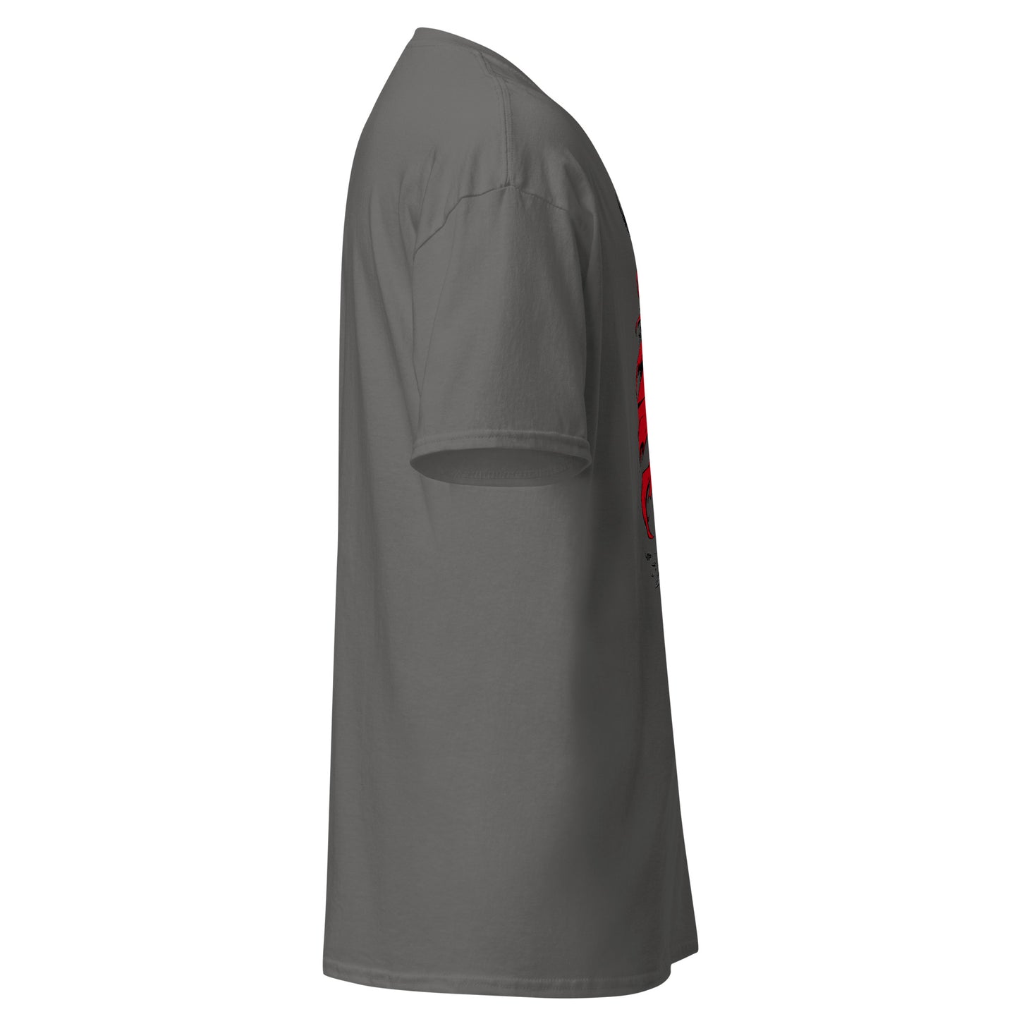 Side view of gray Crowsworn Crimson Scythe T-shirt with partial red cape artwork visible near the front.