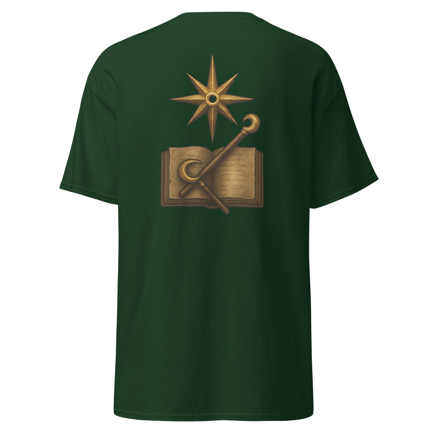 Back view of the Green Oblivion Mages Guild Shirt – Arcane Emblem Design with large Mages Guild emblem graphic