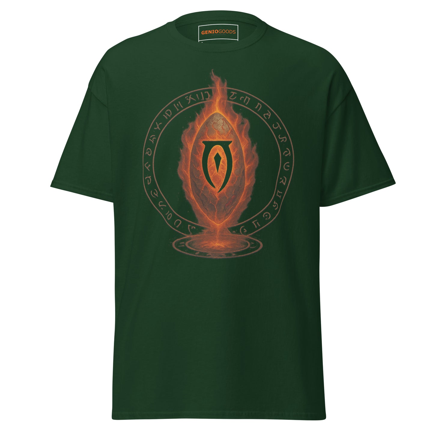 Front view of the Green Oblivion Gate T Shirt – Fiery Portal Design with large fiery portal graphic on the chest