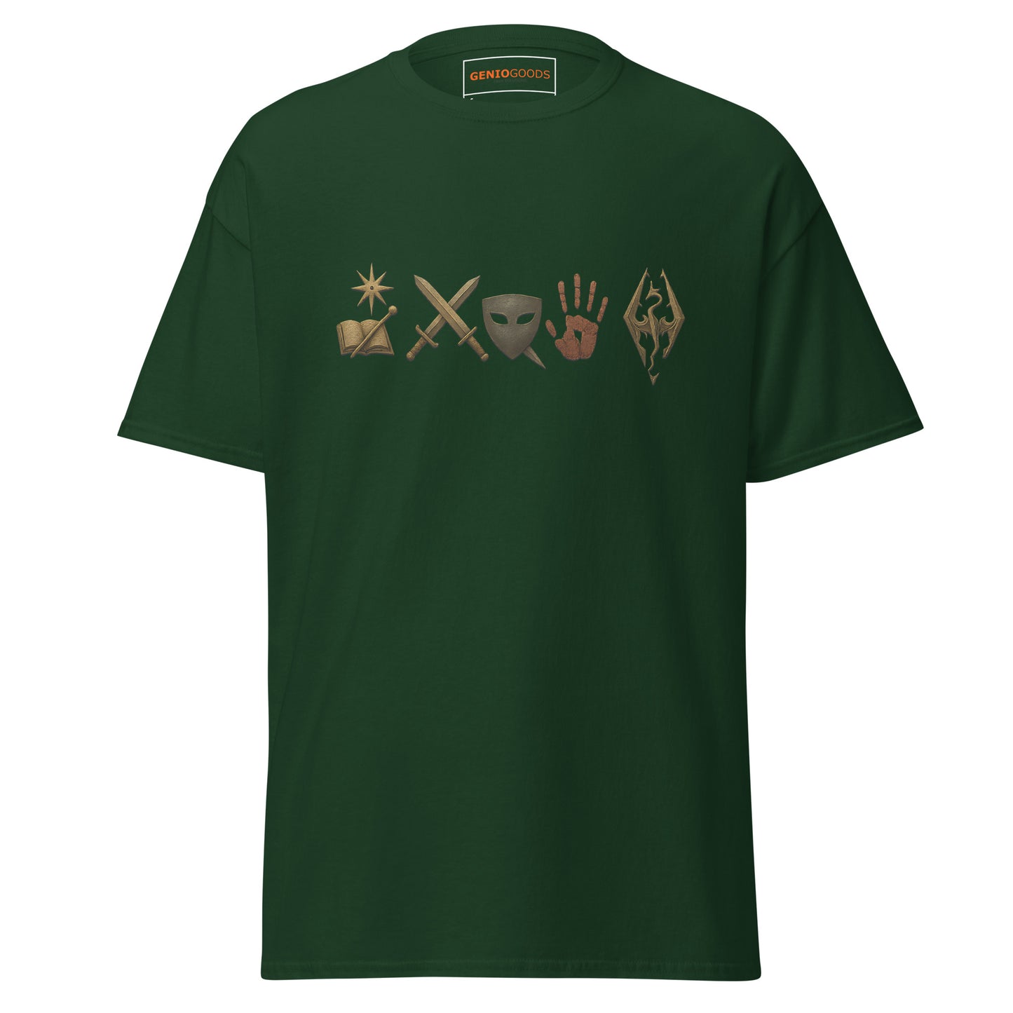 Front view of the Green Oblivion Mages Guild Shirt – Arcane Emblem Design with chest row of arcane symbols