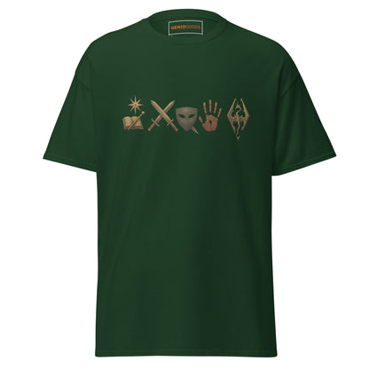Front view of the Green Oblivion Mages Guild Shirt – Arcane Emblem Design with chest row of arcane symbols