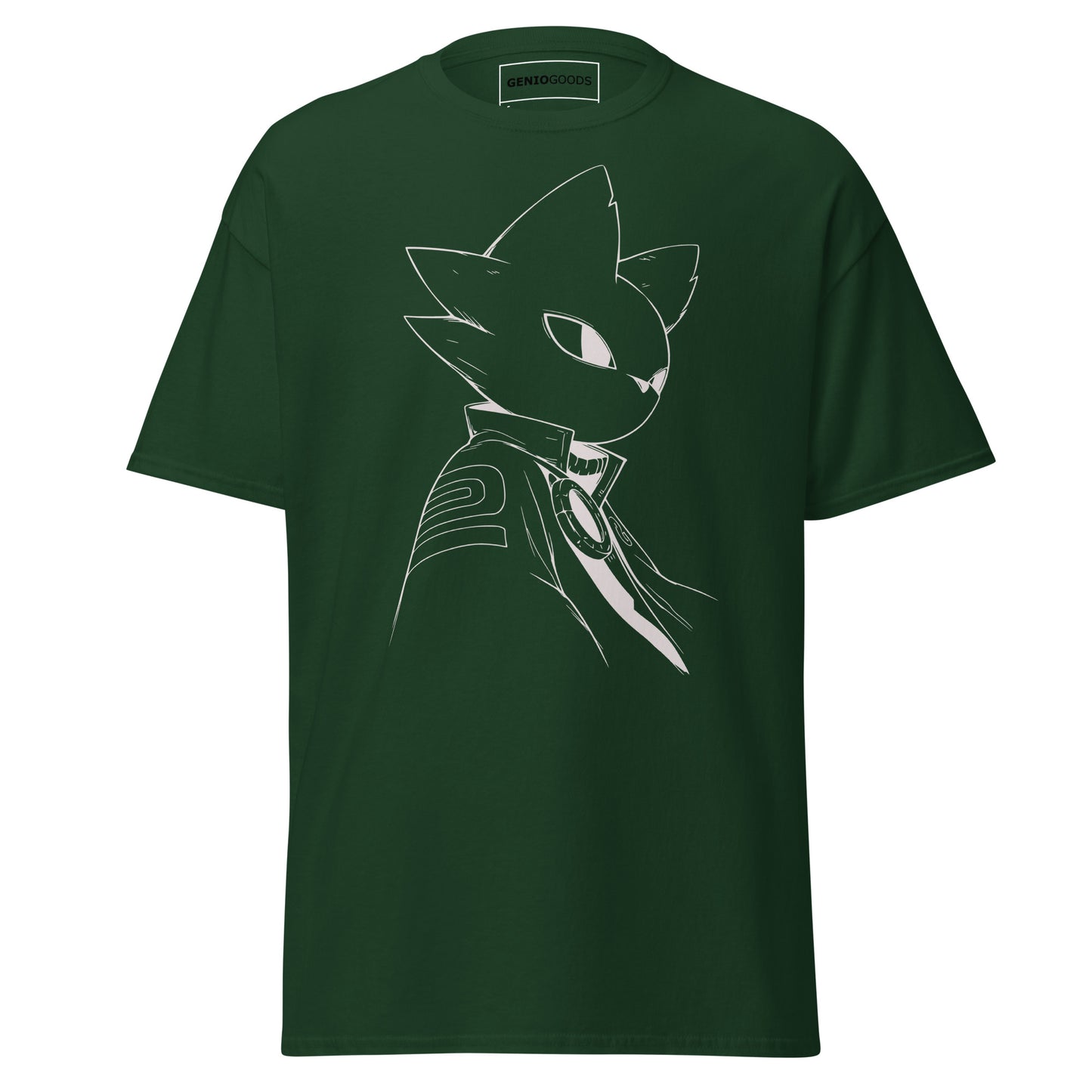 Front view of the green Nine Sols Silent Resolve Taopunk Portrait T-Shirt featuring a minimalist taopunk character portrait on black fabric