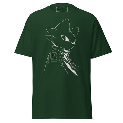 Front view of the green Nine Sols Silent Resolve Taopunk Portrait T-Shirt featuring a minimalist taopunk character portrait on black fabric