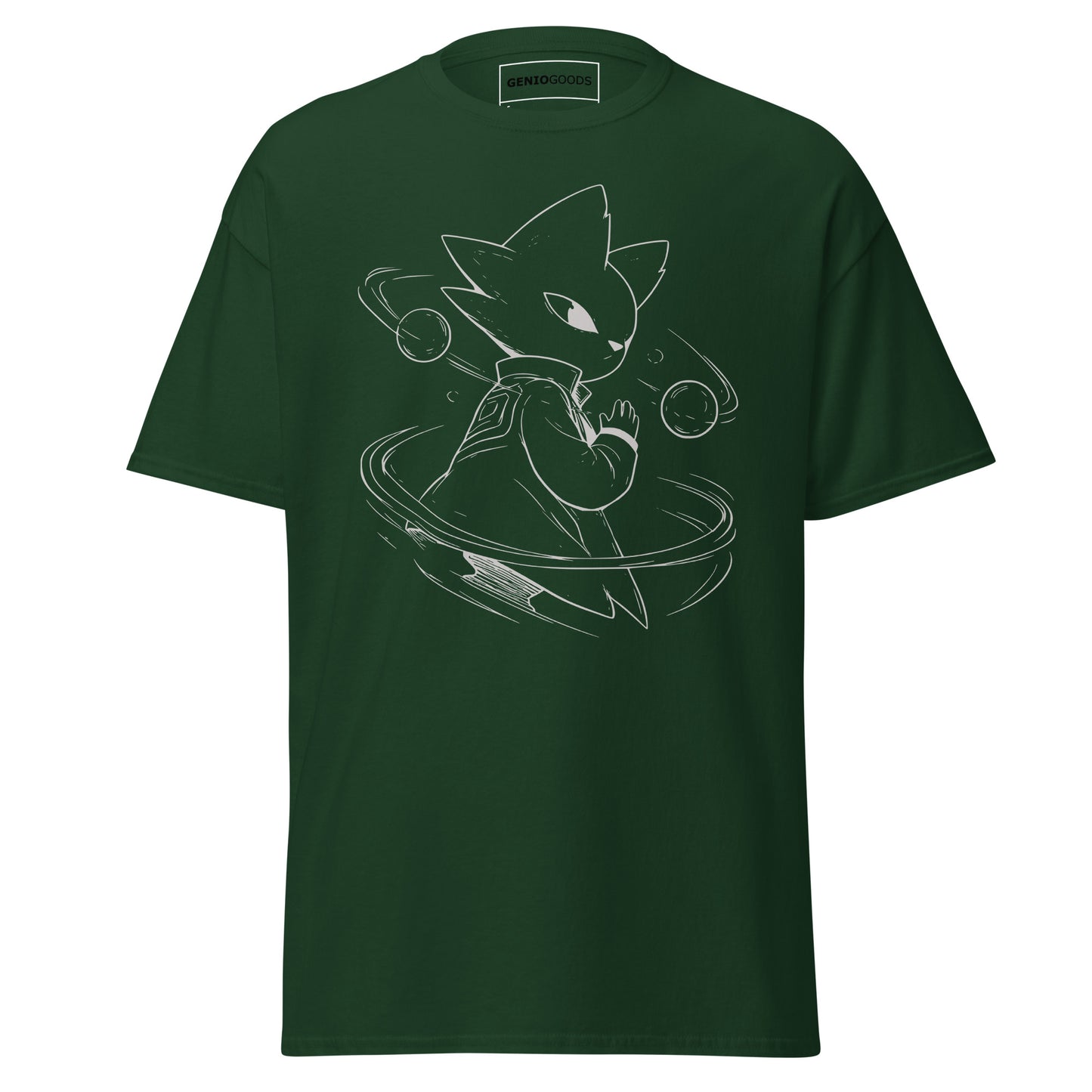 Front view of the green Nine Sols Orbiting Focus Taopunk Motion graphic tee featuring a minimalist taopunk figure with orbiting rings