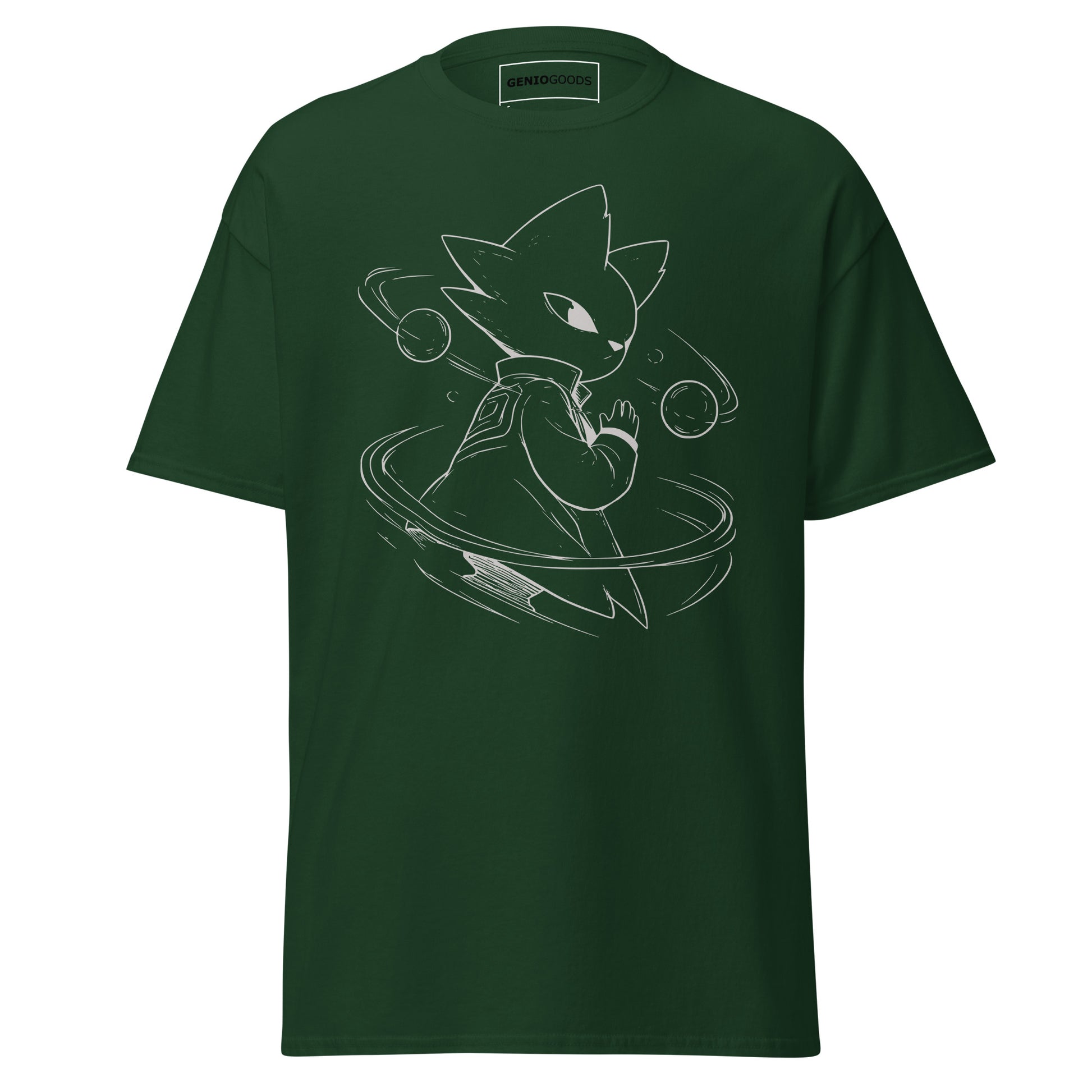 Front view of the green Nine Sols Orbiting Focus Taopunk Motion graphic tee featuring a minimalist taopunk figure with orbiting rings