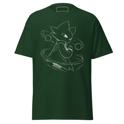 Front view of the green Nine Sols Orbiting Focus Taopunk Motion graphic tee featuring a minimalist taopunk figure with orbiting rings