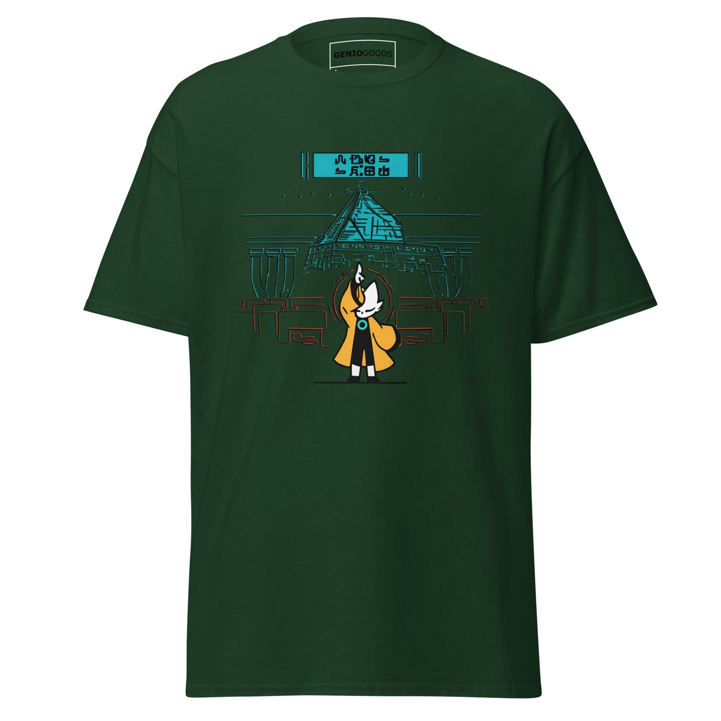 Front view of the green Nine Sols Taopunk Tee Shrine of Silent Presence featuring a minimalist shrine scene in taopunk style