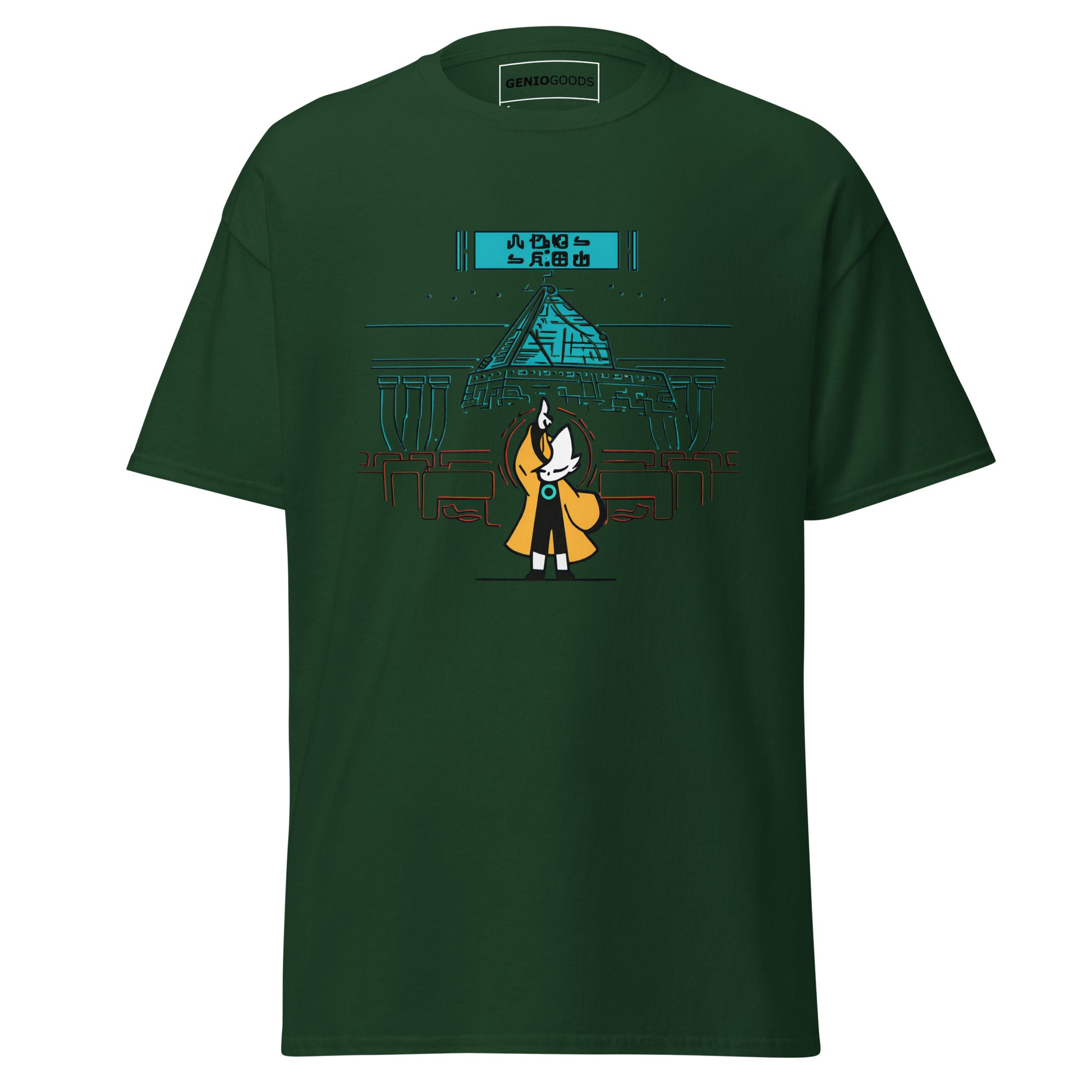 Front view of the green Nine Sols Taopunk Tee Shrine of Silent Presence featuring a minimalist shrine scene in taopunk style