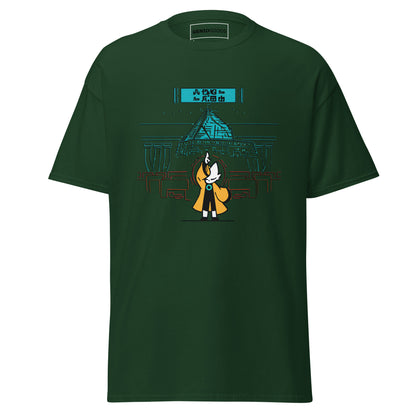 Front view of the green Nine Sols Taopunk Tee Shrine of Silent Presence featuring a minimalist shrine scene in taopunk style