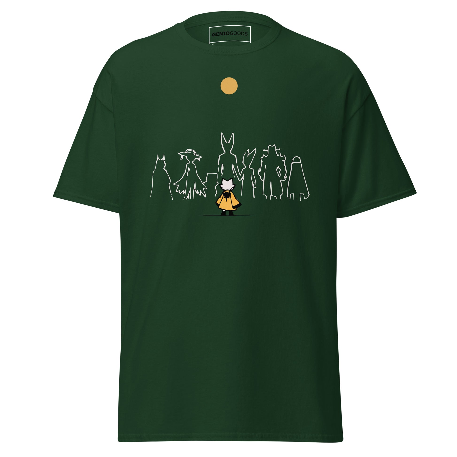 Front view of the green Nine Sols Under the Golden Sol character tee featuring a minimalist line art group beneath a golden sun