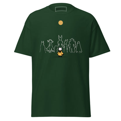 Front view of the green Nine Sols Under the Golden Sol character tee featuring a minimalist line art group beneath a golden sun