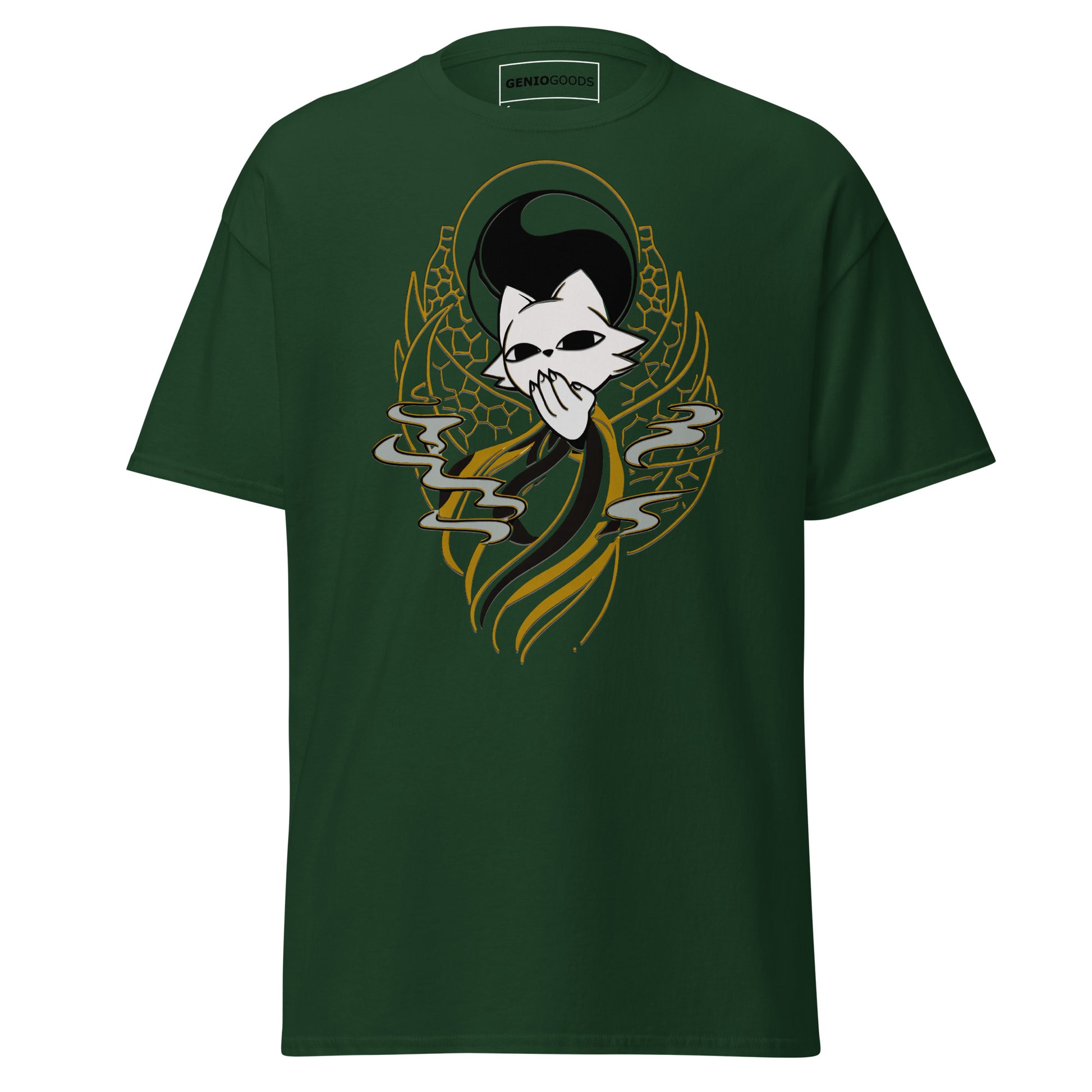 Front view of the green Nine Sols Yin Yang Tee Balance Presence featuring a yin yang skull graphic with golden line details