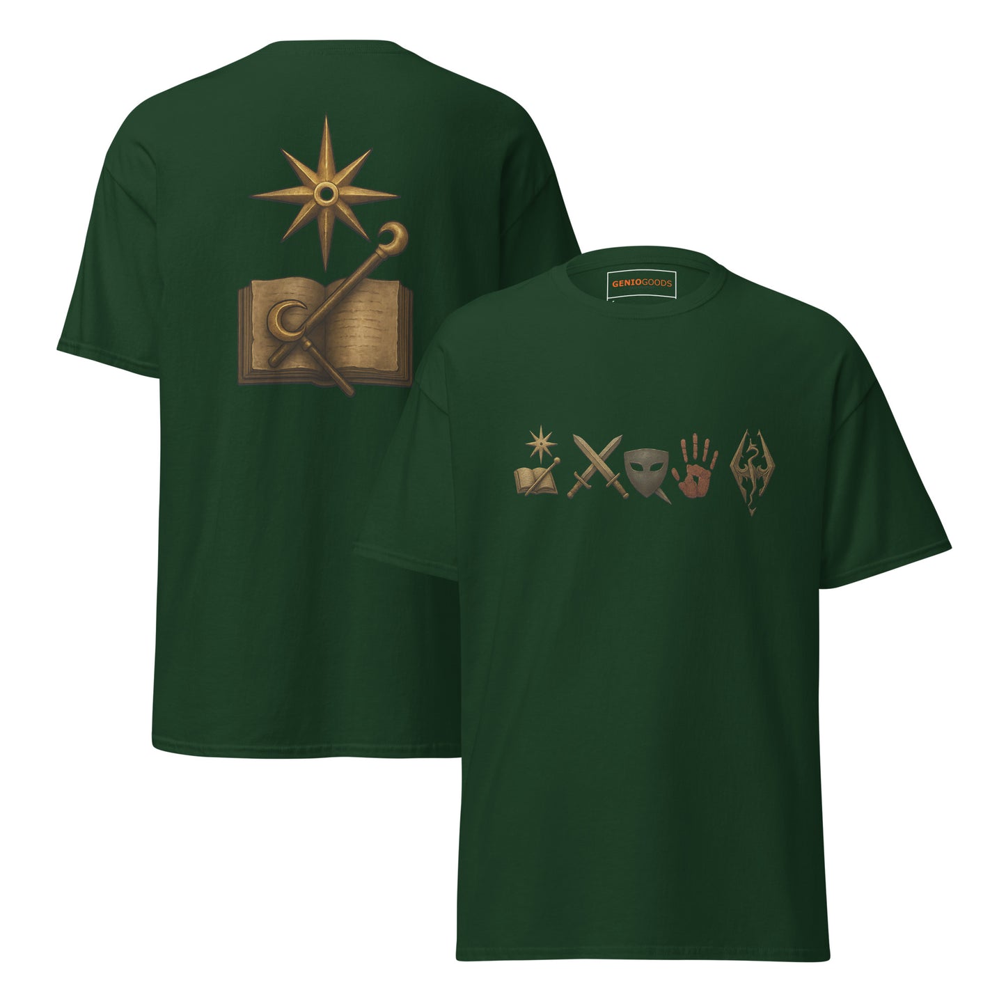 Front and back view of the Green Oblivion Mages Guild Shirt – Arcane Emblem Design with chest symbols and large back graphic