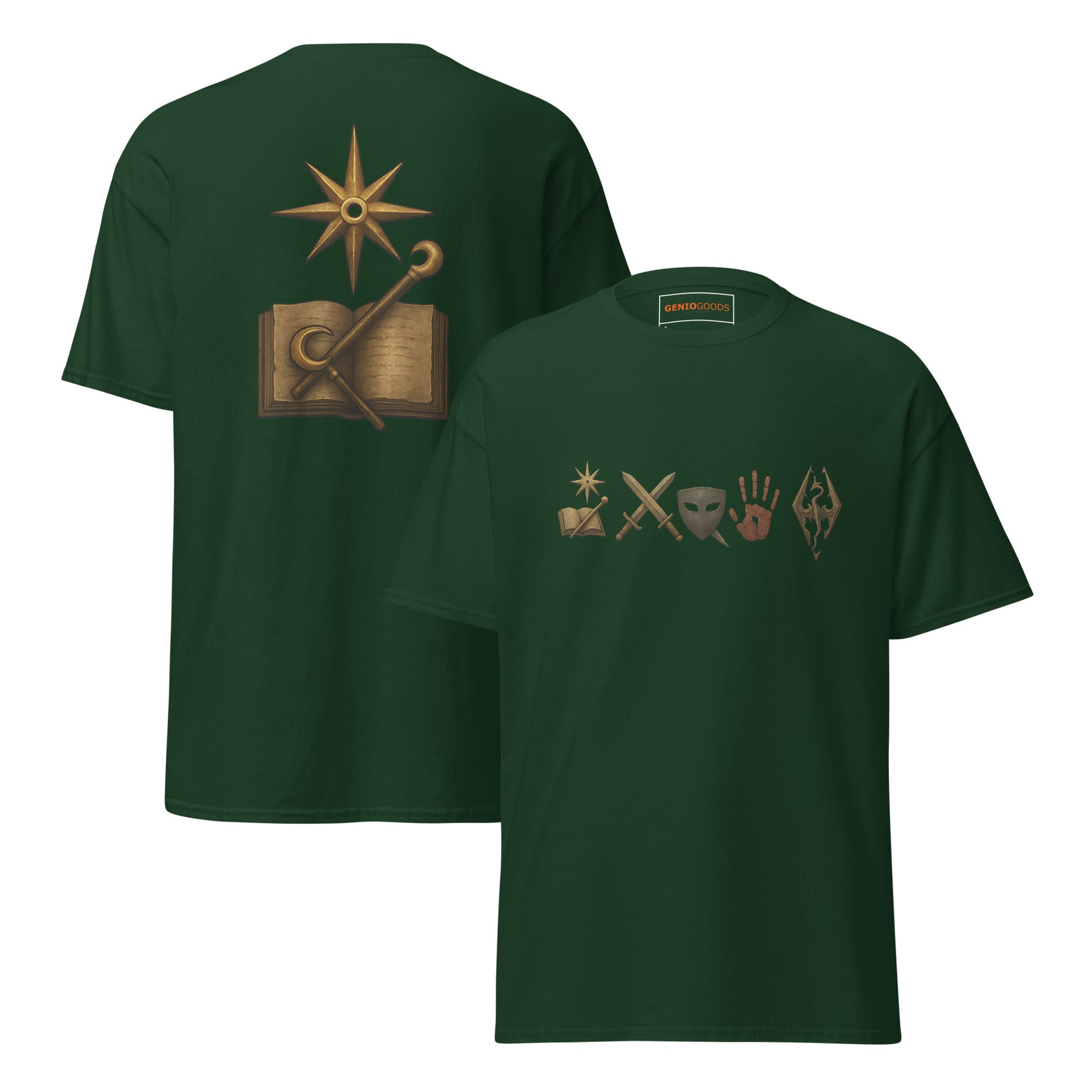 Front and back view of the Green Oblivion Mages Guild Shirt – Arcane Emblem Design with chest symbols and large back graphic