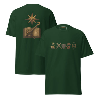 Front and back view of the Green Oblivion Mages Guild Shirt – Arcane Emblem Design with chest symbols and large back graphic
