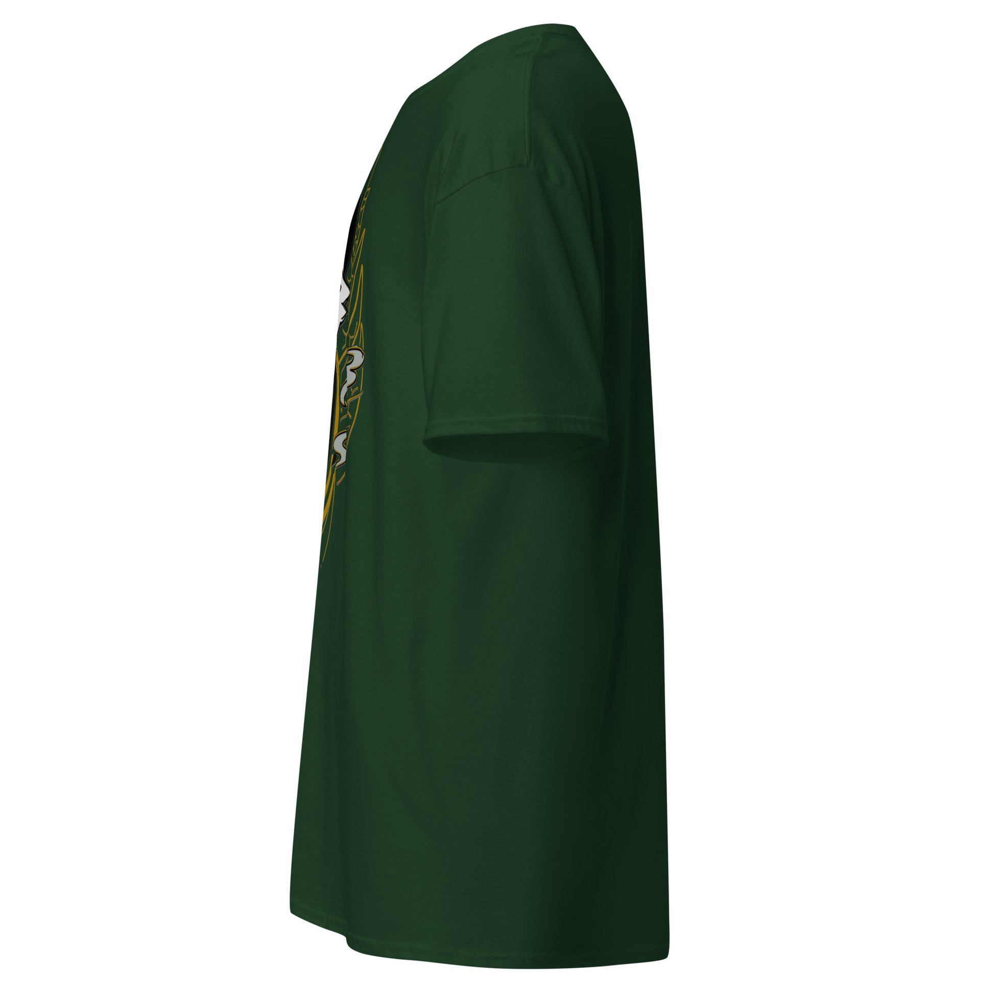 Left side view of the green Nine Sols Yin Yang Tee Balance Presence with partial front design visible along the side