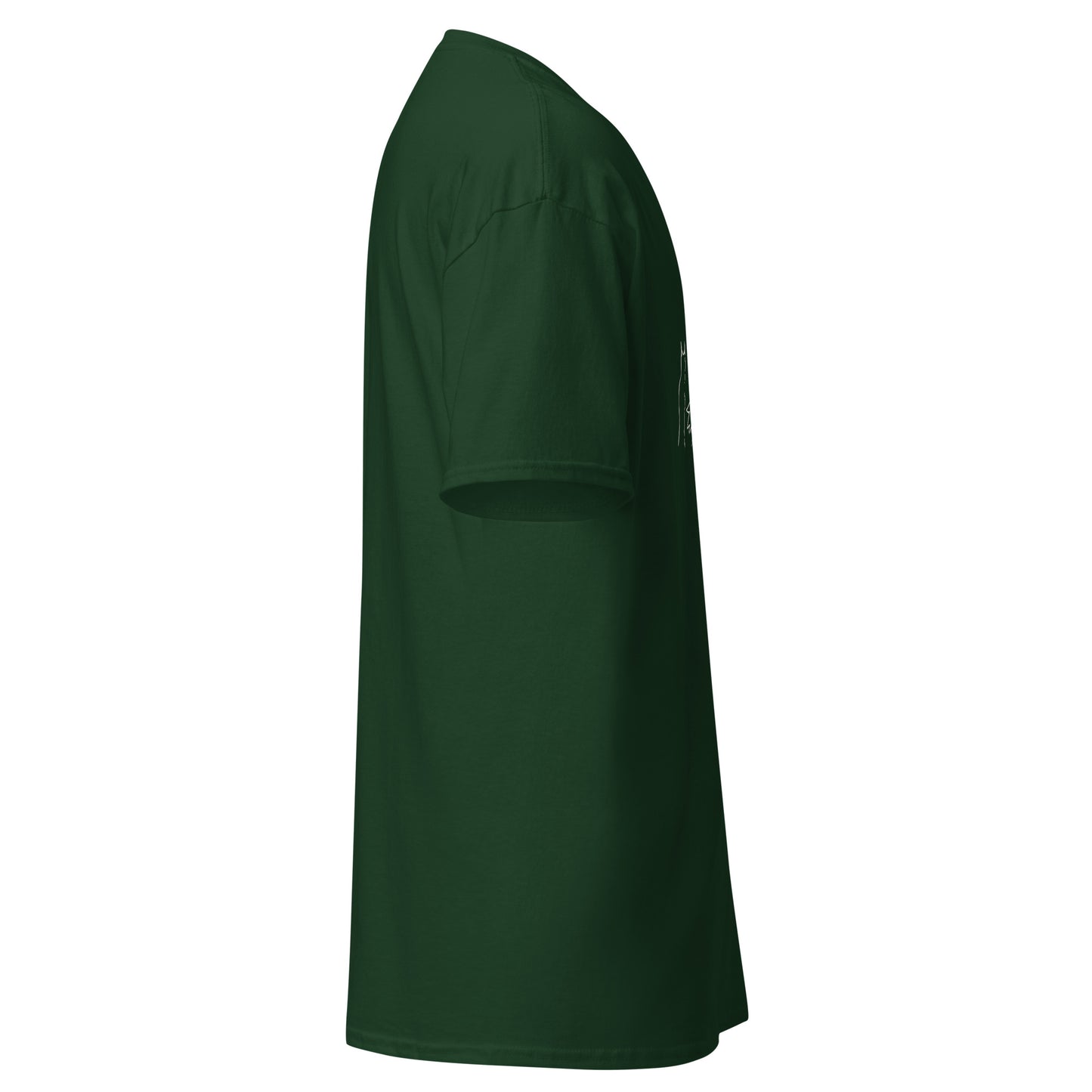 Right side view of the green Nine Sols Under the Golden Sol character tee showing sleeve shape and straight silhouette