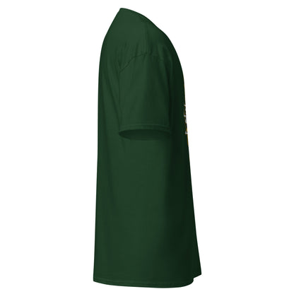 Right side view of the green Nine Sols Yin Yang Tee Balance Presence showing sleeve shape and straight silhouette