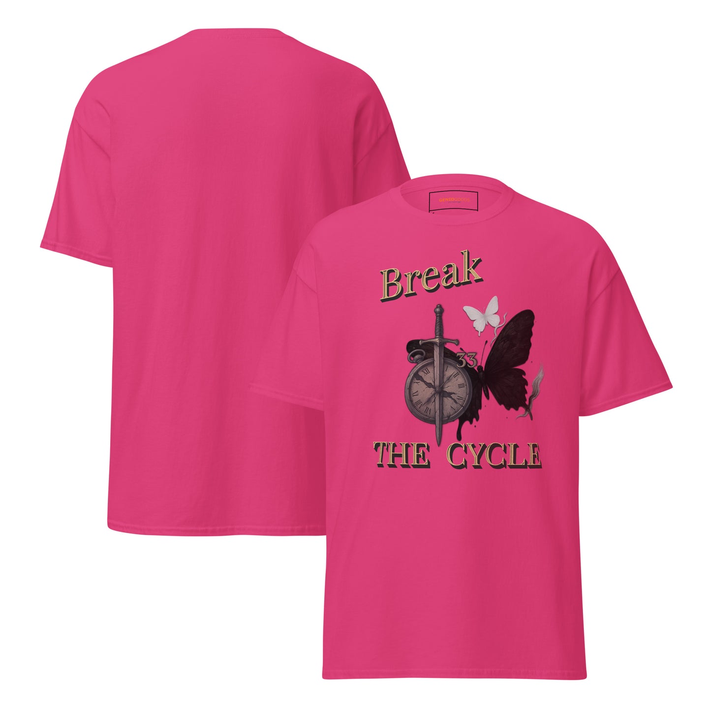 Side view of Pink Expedition 33 Break the Cycle graphic t-shirt inspired by Clair Obscur Expedition 33.