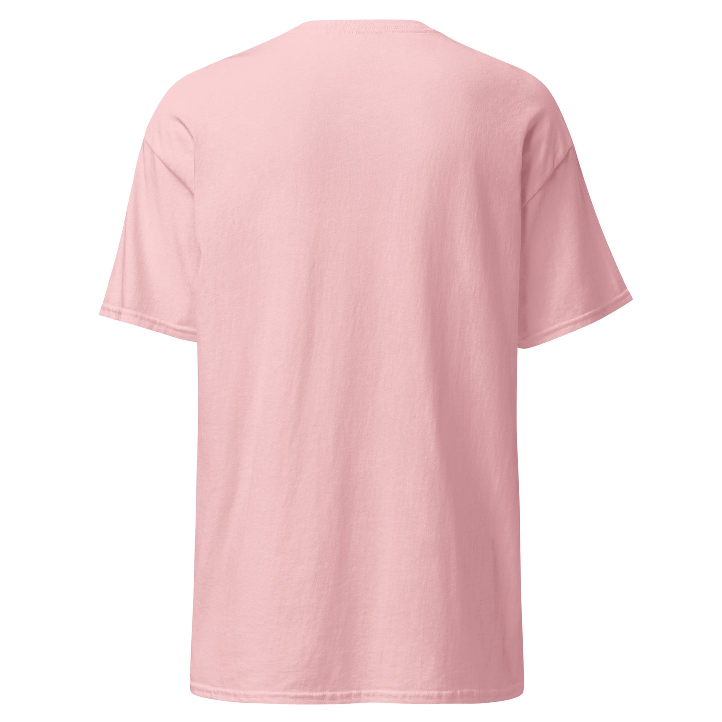 Back view of the light pink Nine Sols Under the Golden Sol character tee with clean black back and no visible print