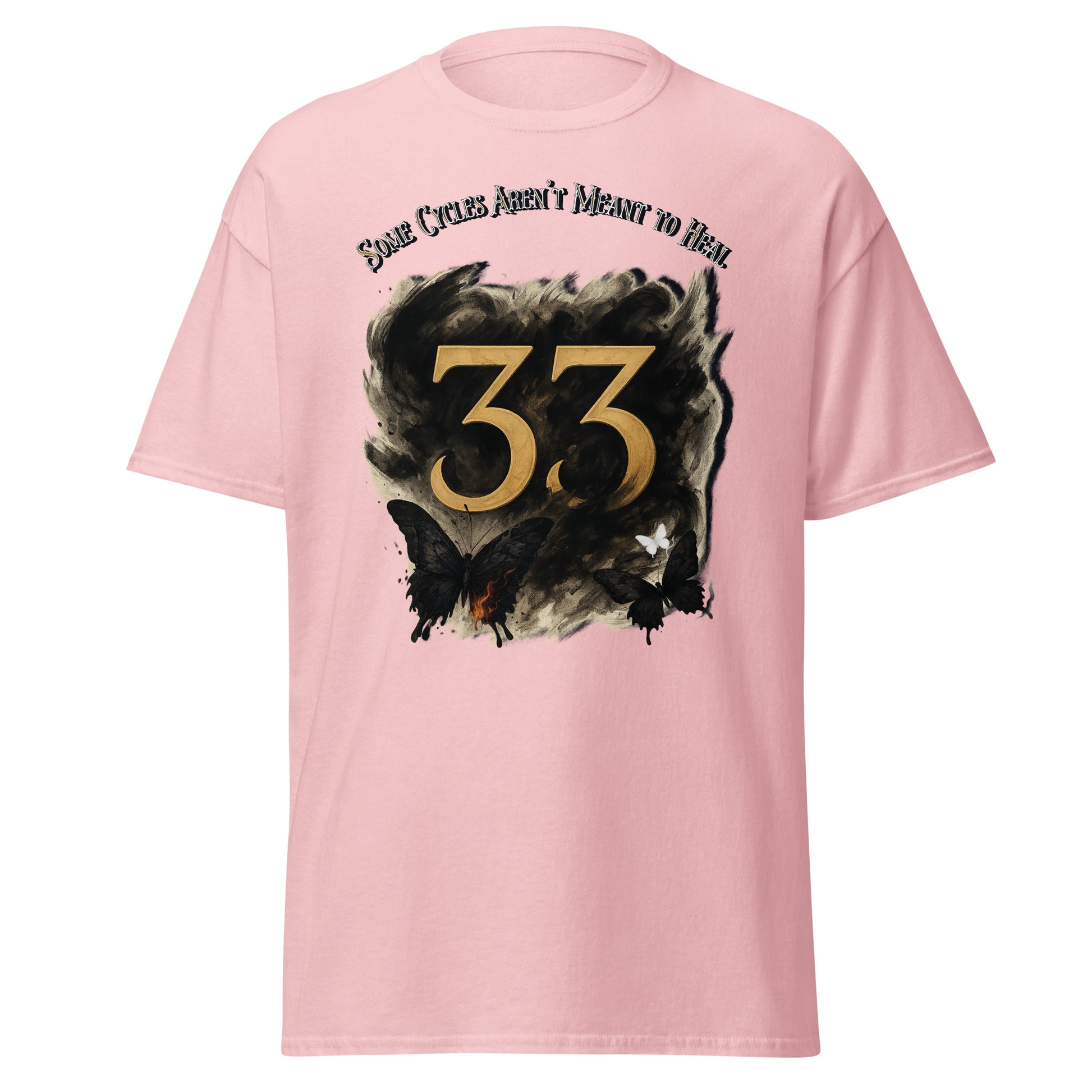 front view of light Pink Expedition 33 Cycles That Don’t Heal graphic t-shirt inspired by Clair Obscur Expedition 33.