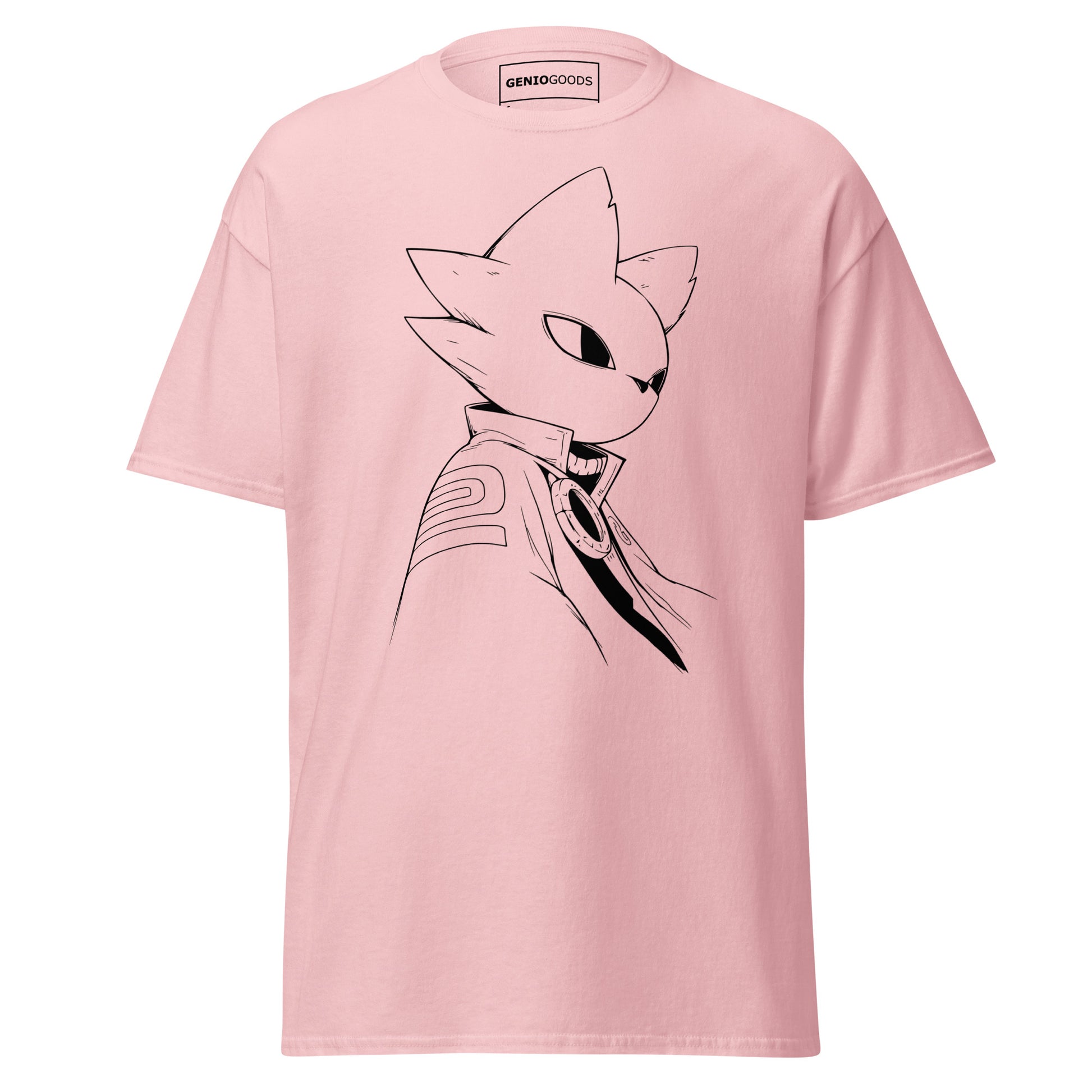 Front view of the light pink Nine Sols Silent Resolve Taopunk Portrait T-Shirt featuring a minimalist taopunk character portrait on black fabric