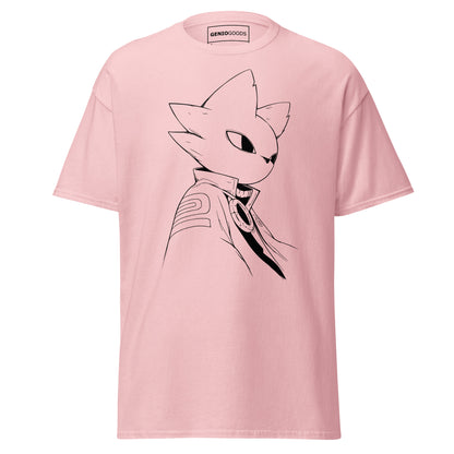 Front view of the light pink Nine Sols Silent Resolve Taopunk Portrait T-Shirt featuring a minimalist taopunk character portrait on black fabric