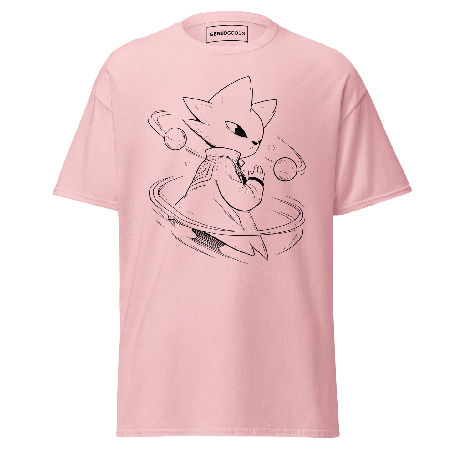 Front view of the light pink Nine Sols Orbiting Focus Taopunk Motion graphic tee featuring a minimalist taopunk figure with orbiting rings