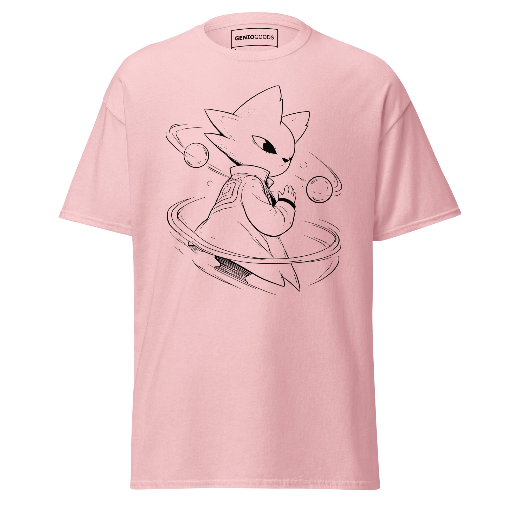 Front view of the light pink Nine Sols Orbiting Focus Taopunk Motion graphic tee featuring a minimalist taopunk figure with orbiting rings