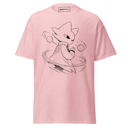 Front view of the light pink Nine Sols Orbiting Focus Taopunk Motion graphic tee featuring a minimalist taopunk figure with orbiting rings