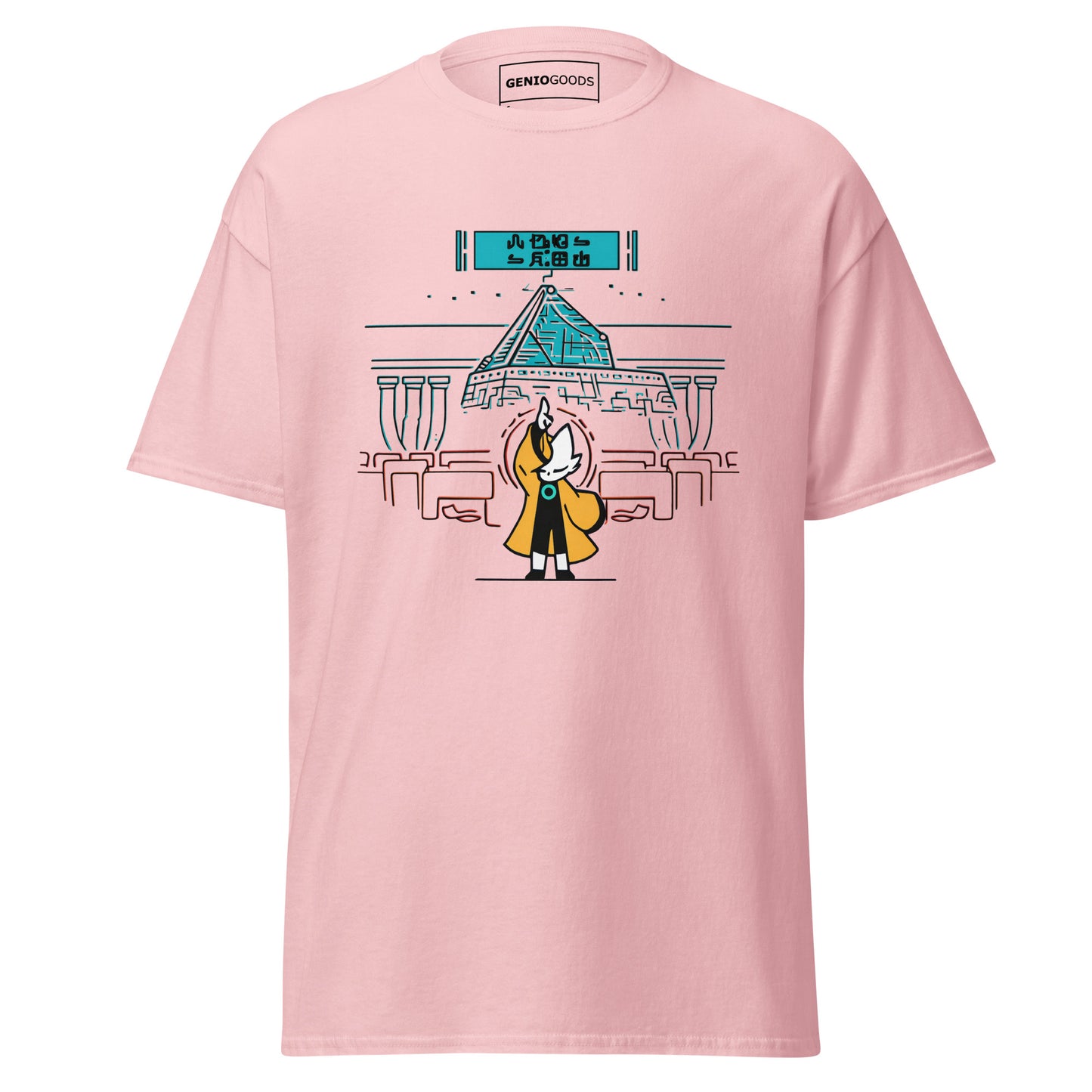 Front view of the Light pink Nine Sols Taopunk Tee Shrine of Silent Presence featuring a minimalist shrine scene in taopunk style