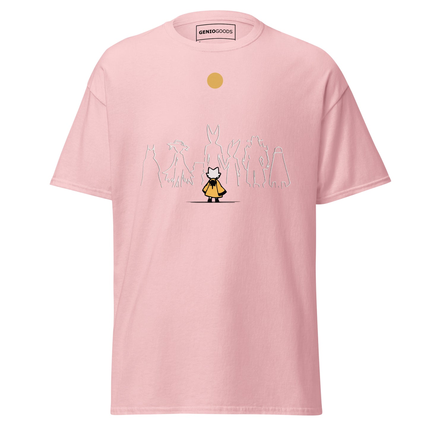 Front view of the light pink Nine Sols Under the Golden Sol character tee featuring a minimalist line art group beneath a golden sun
