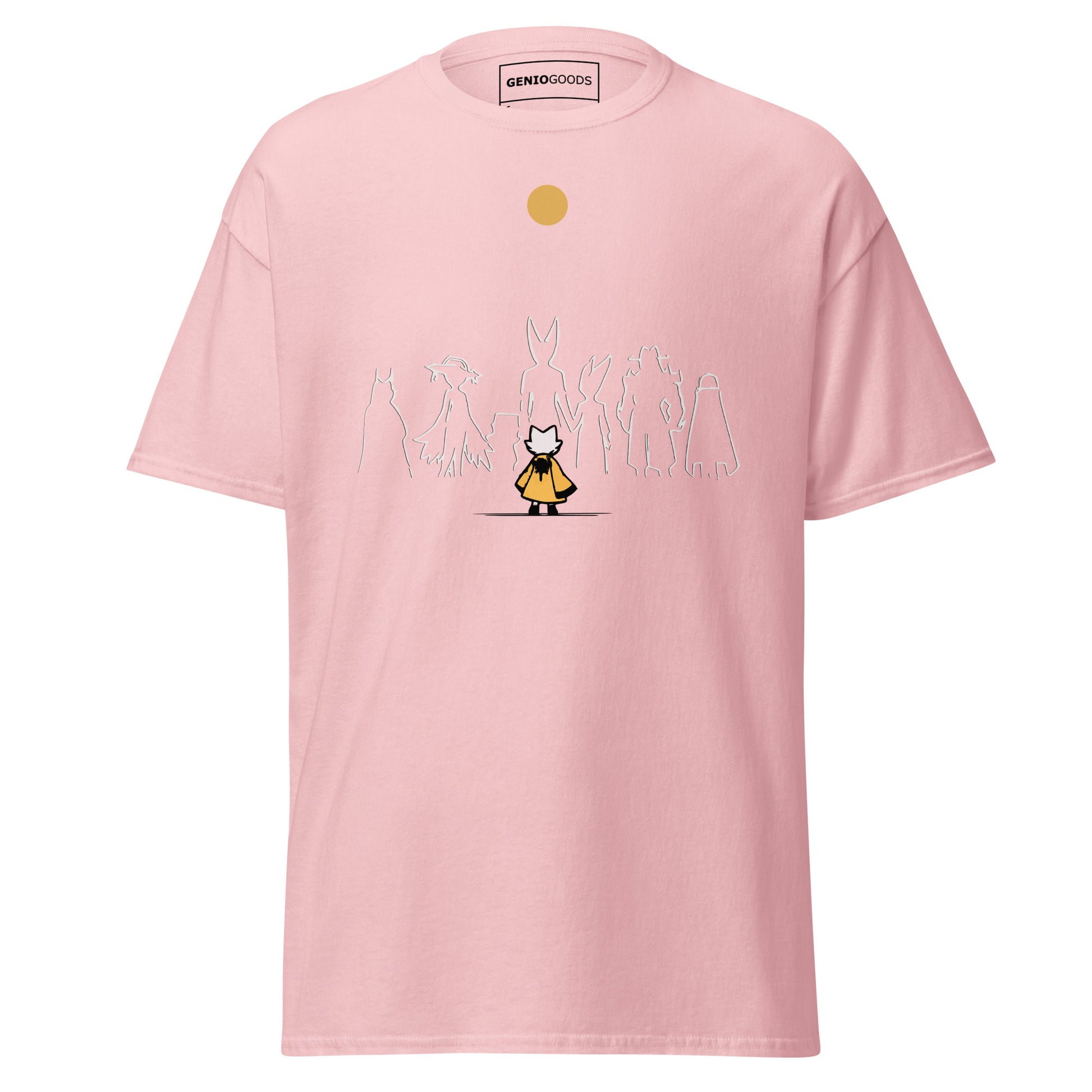 Front view of the light pink Nine Sols Under the Golden Sol character tee featuring a minimalist line art group beneath a golden sun