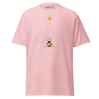 Front view of the light pink Nine Sols Under the Golden Sol character tee featuring a minimalist line art group beneath a golden sun