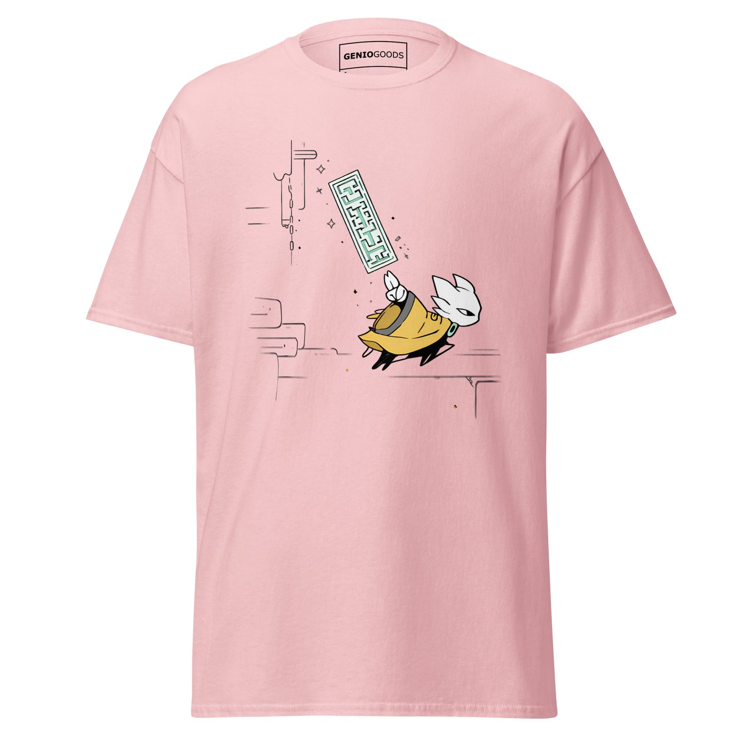 Front view of the light pink Nine Sols Action Tee Seal Motion featuring a minimalist seal graphic with motion detail