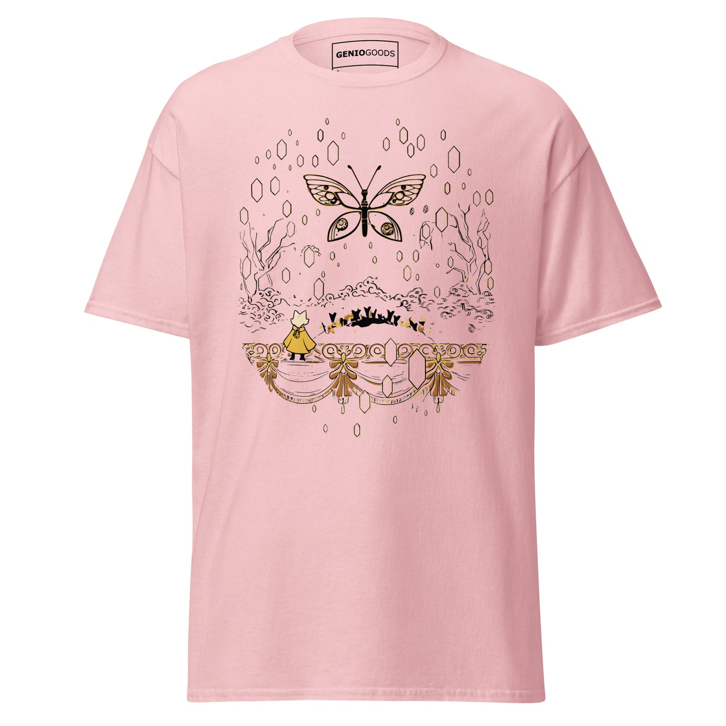 Front view of the light pink Nine Sols Butterfly Tee Golden Echo featuring a golden butterfly above an ornate shrine scene