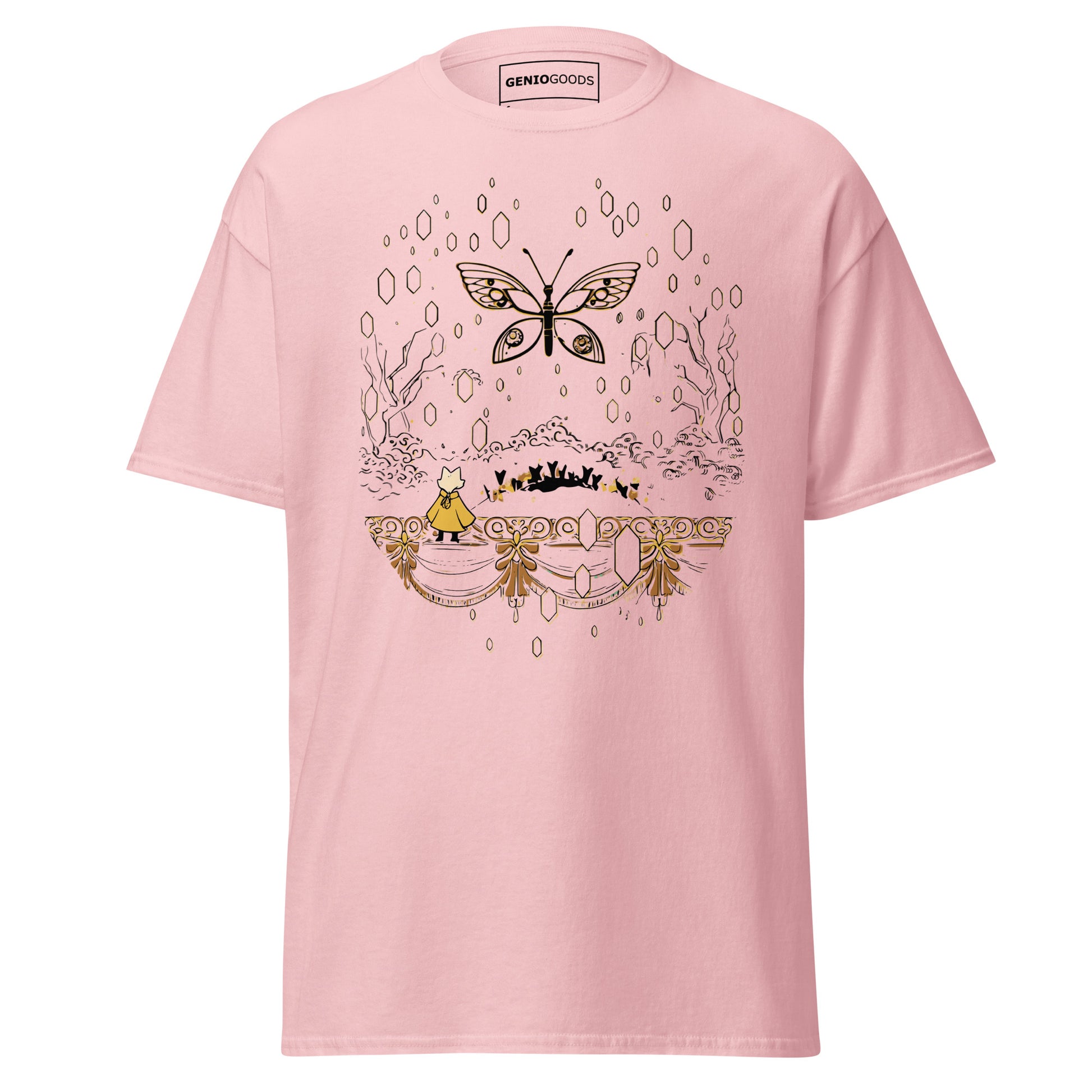 Front view of the light pink Nine Sols Butterfly Tee Golden Echo featuring a golden butterfly above an ornate shrine scene