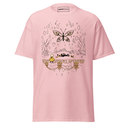 Front view of the light pink Nine Sols Butterfly Tee Golden Echo featuring a golden butterfly above an ornate shrine scene