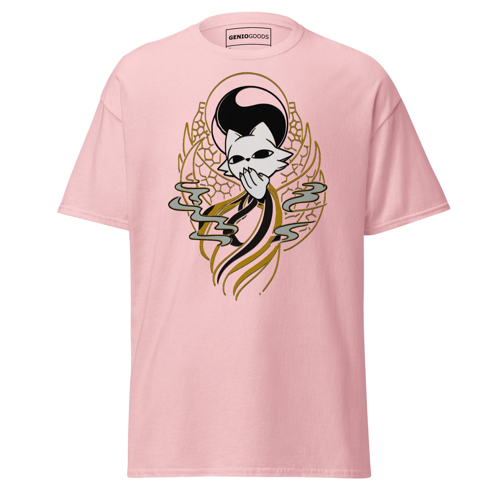 Front view of the light pink Nine Sols Yin Yang Tee Balance Presence featuring a yin yang skull graphic with golden line details