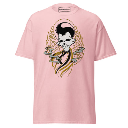 Front view of the light pink Nine Sols Yin Yang Tee Balance Presence featuring a yin yang skull graphic with golden line details